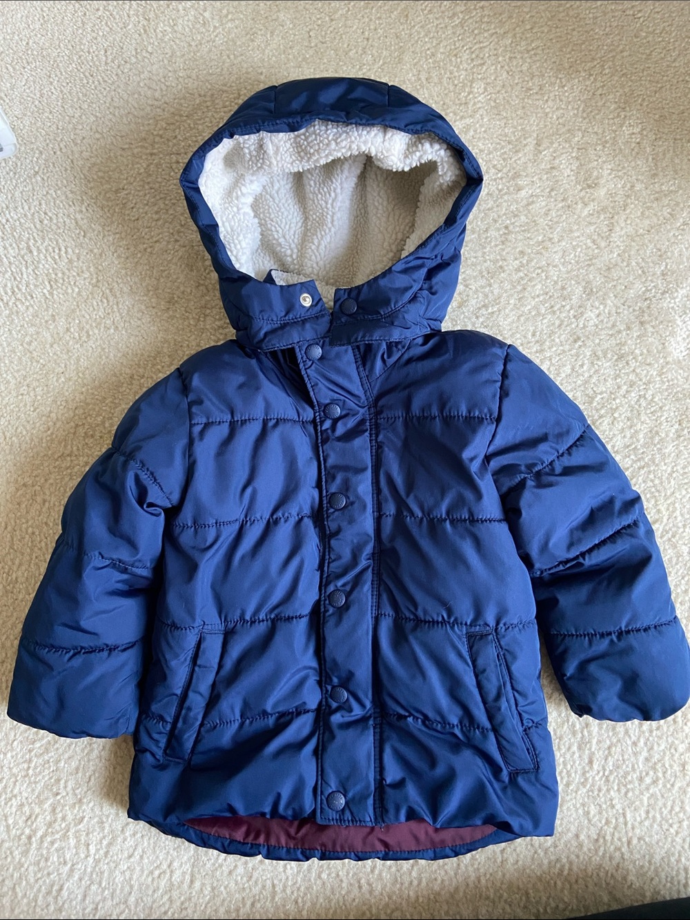 GAP Navy Hooded Kids Puffer Coat with Sherpa Lining
